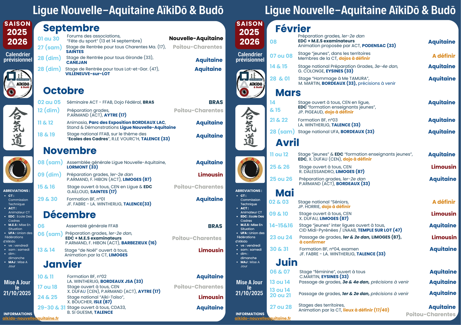 Le calendrier de la saison 2025-2026