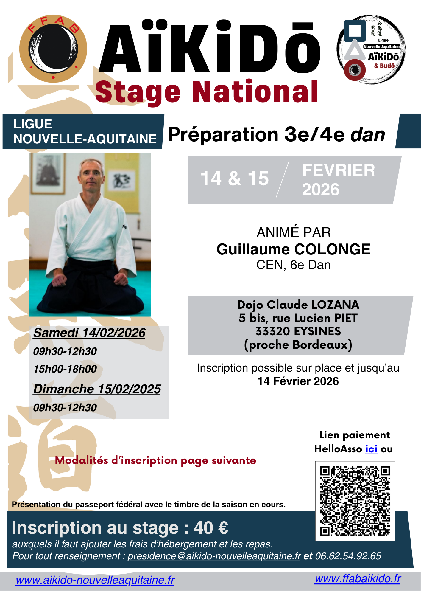 Stage National Préparation 3e/4e dan, Guillaume COLONGE (CEN), Eysines (33) 14 & 15/02/2026