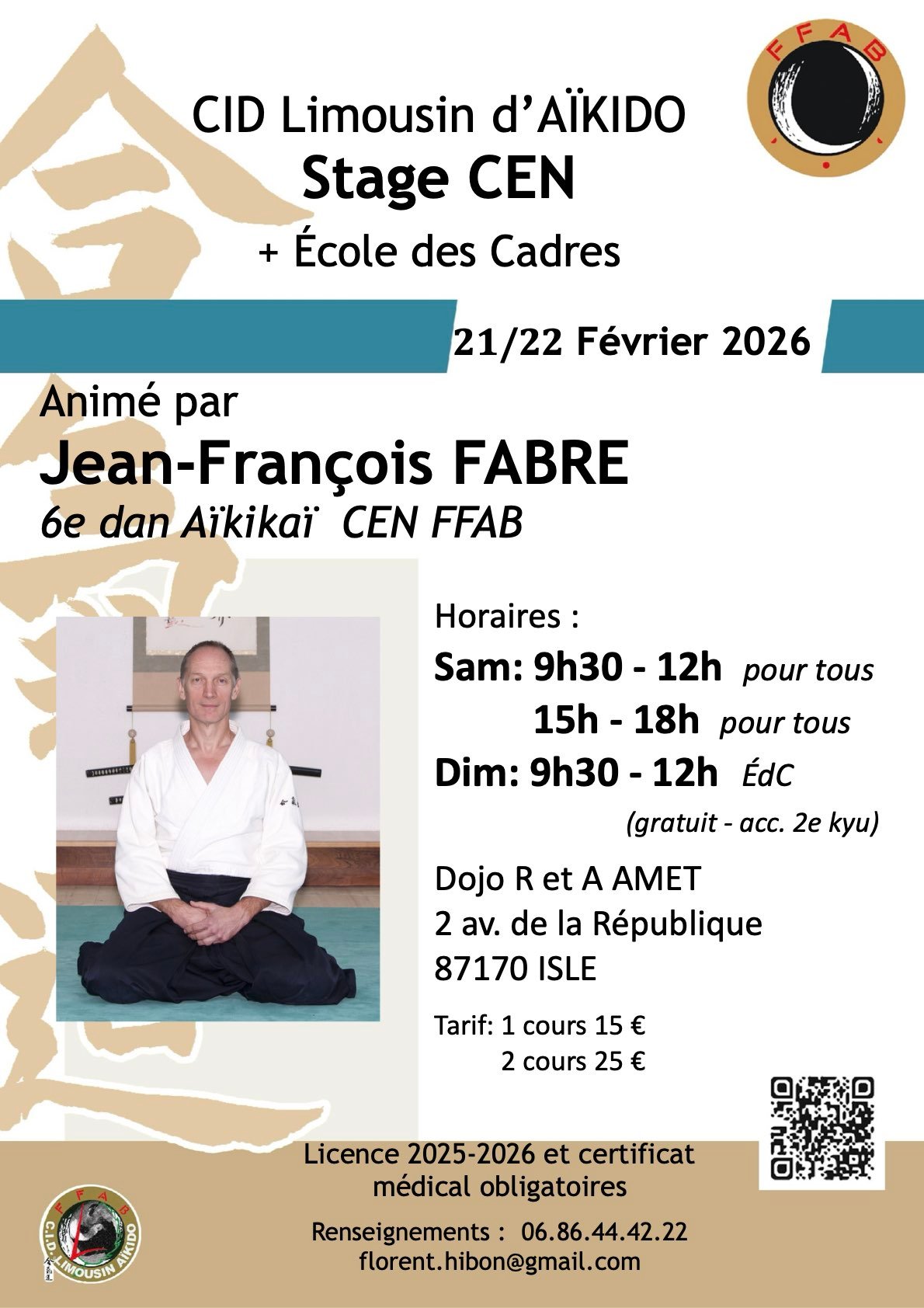 Stage Ouvert A tous & Ecole Des Cadres, Jean-François FABRE, Isle (87) 21 & 22/02/2026