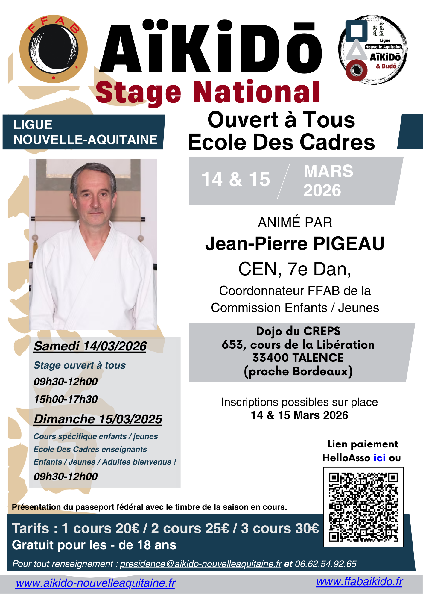 Stage Ouvert A tous & Ecole Des Cadres, Jean-Pierre PIGEAU, Talence (33) 14 & 15/03/2026