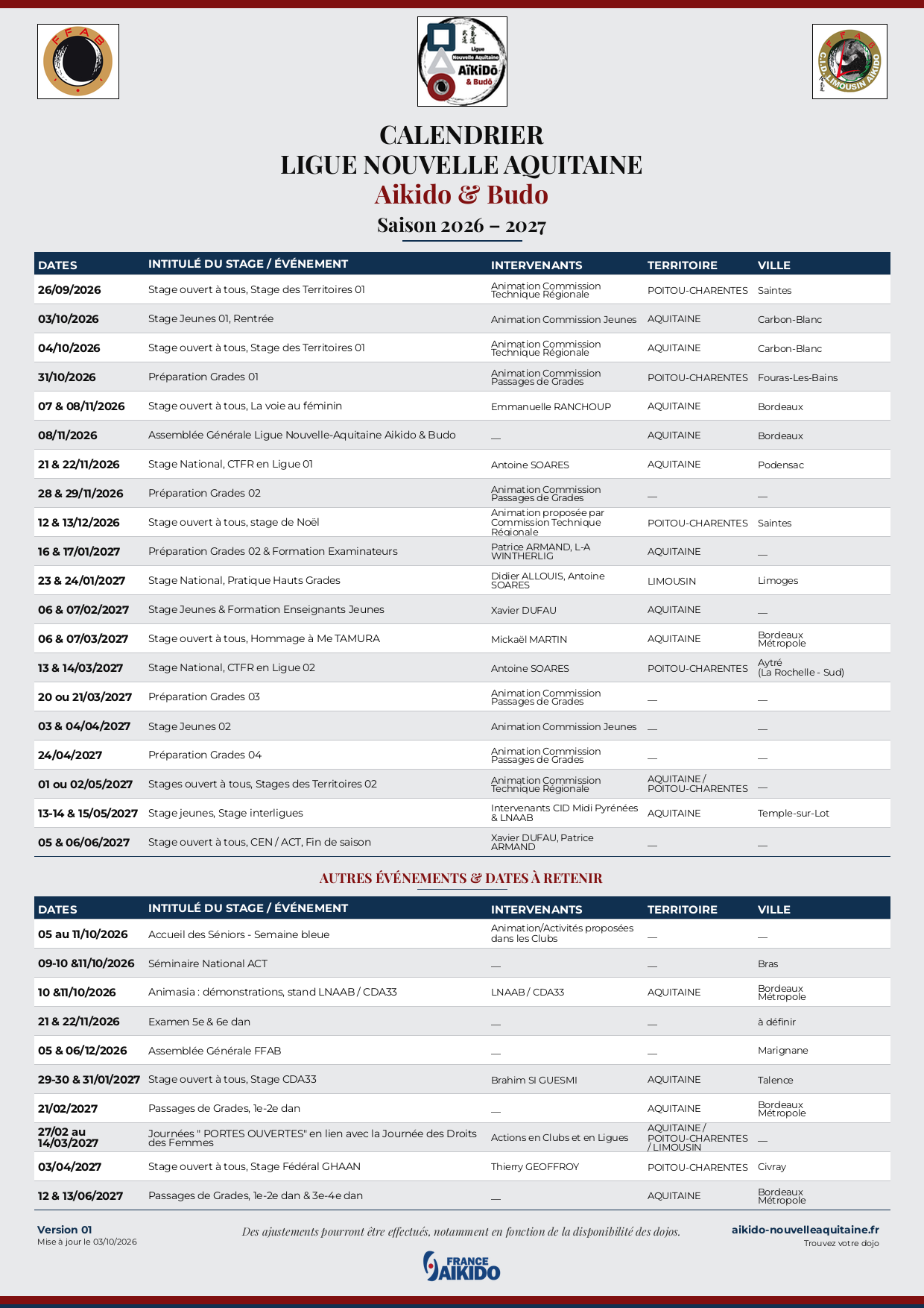 Calendrier des stages LNAAB — Saison 2026-2027